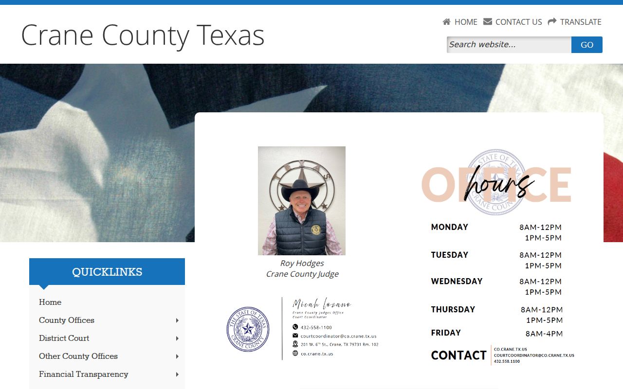 Crane County warrant records source showing the County Judge office page