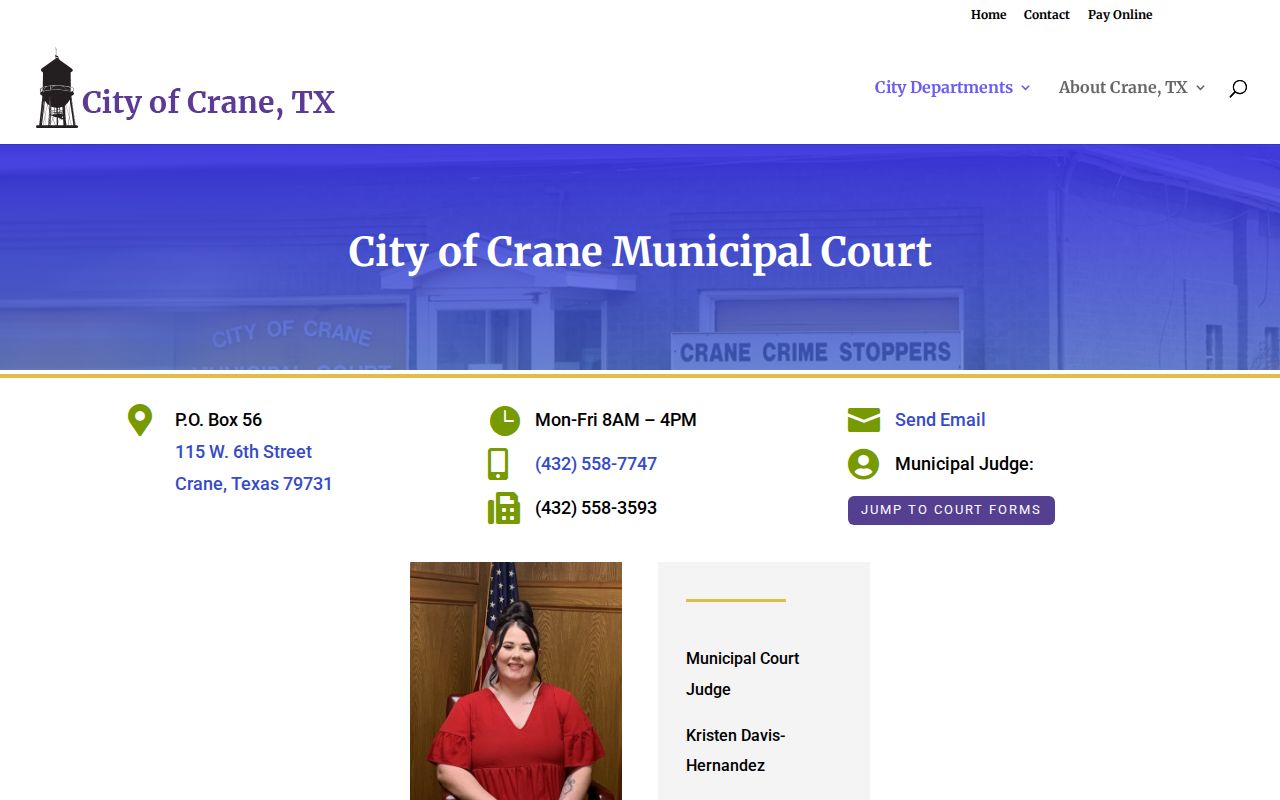 Crane County city court warrant contact source showing Municipal Court information