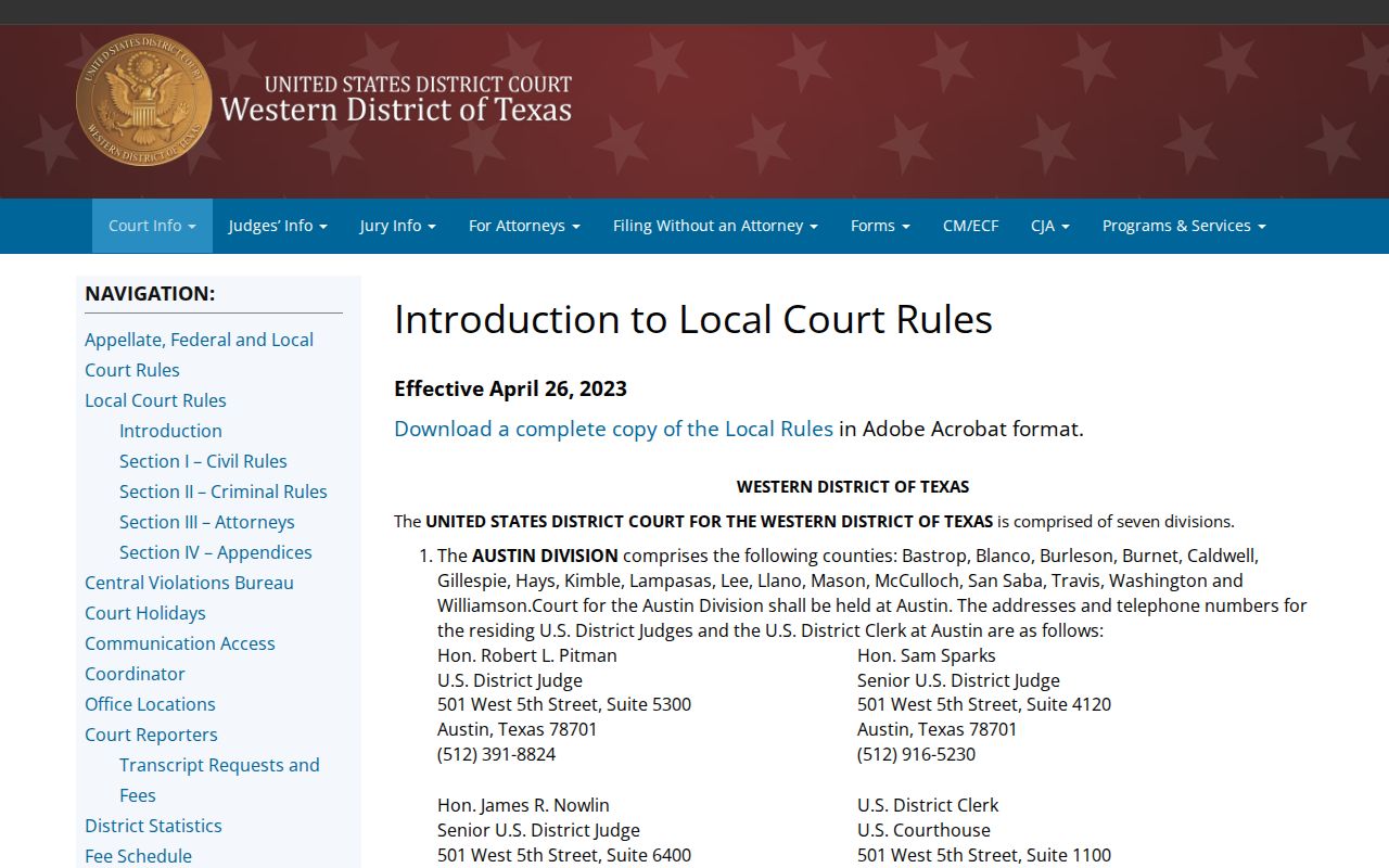 Crane County federal warrant route source showing Western District local rules
