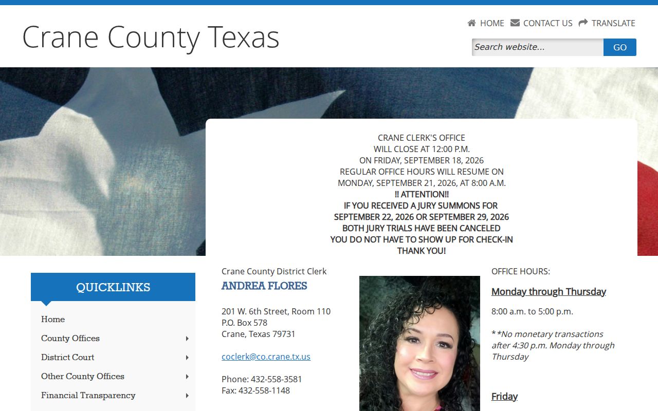 Crane County warrant check source showing the District and County Clerk portal links