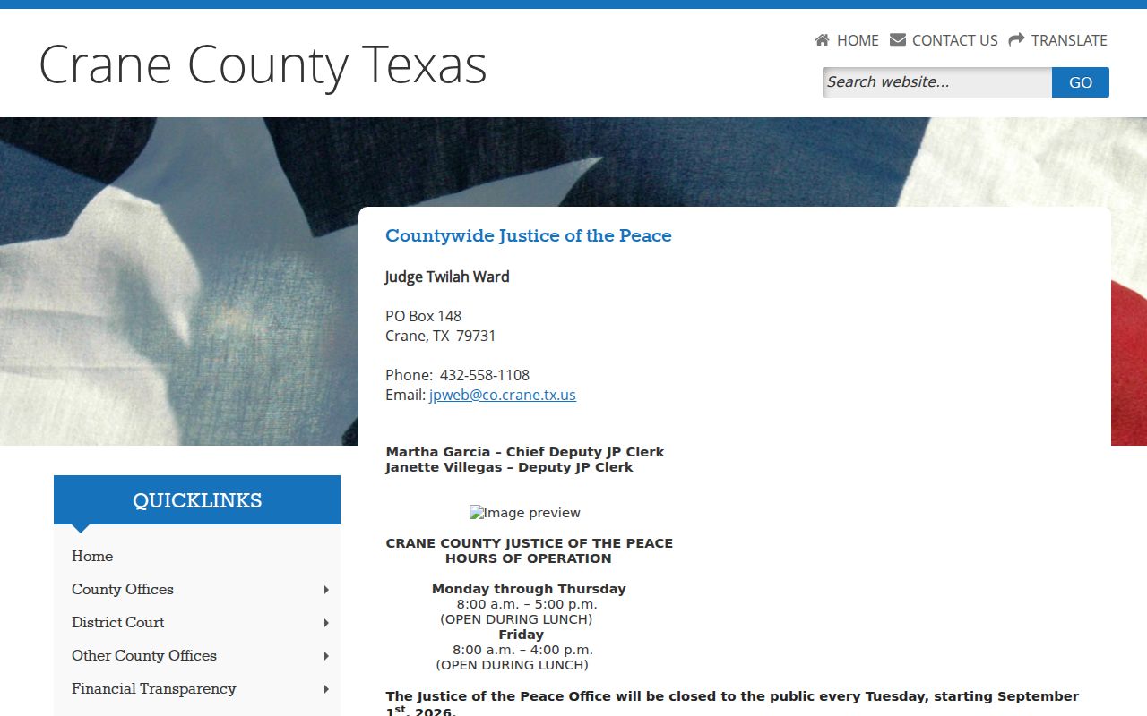 Crane County bench warrant reference to the JP contact and local rules