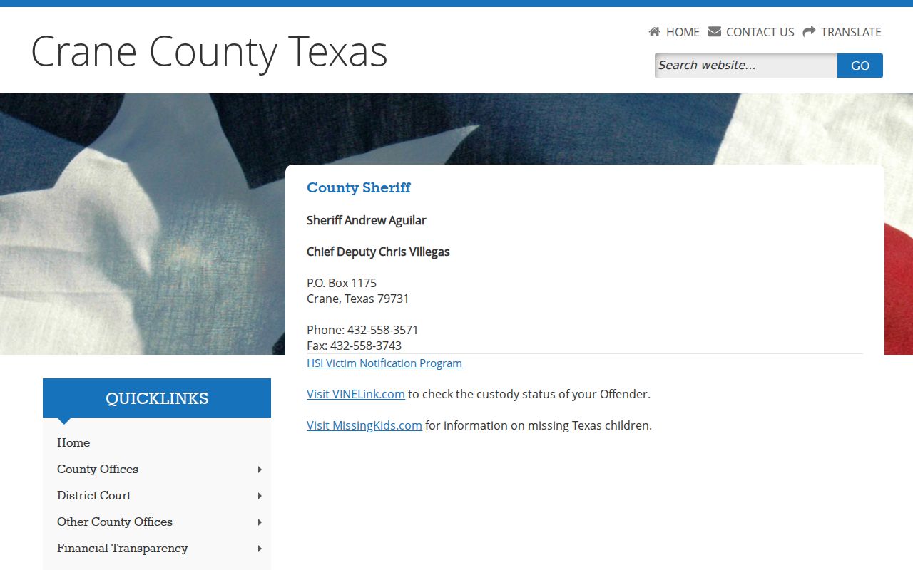 Crane County active warrant search reference to the official Sheriff contact page