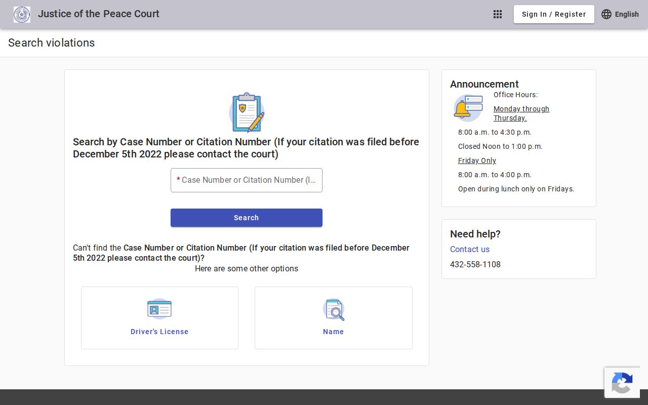 Crane County traffic warrant search fields and the older citation notice